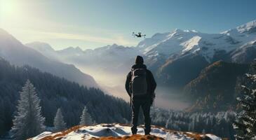 ai generiert ein Mann mit ein Rucksack ist fliegend ein Drohne foto