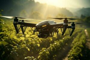 ai generiert Antenne Aussicht von Bauernhof Drohne fliegend Über Landschaft, Sonnenuntergang foto