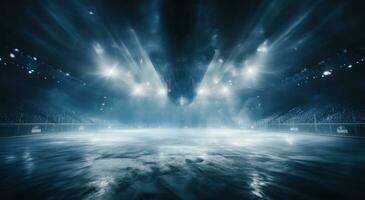ai generiert ein Eishockey Arena mit Beleuchtung hinter es foto