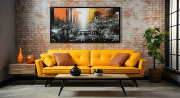ai generiert ein Orange Couch mit gerahmt Bilder im ein Leben Zimmer foto