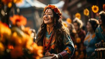 ai generiert ein dynamisch und bunt Parade mit Menschen im traditionell Kostüme und Musiker feiern ein Frühling kulturell Festival foto