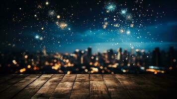 ai generiert ein spektakulär Bild von Feuerwerk leuchten das Nacht Himmel Über ein Stadt Horizont symbolisieren das Feier von das Neu Jahr mit leeren Raum zum Text foto