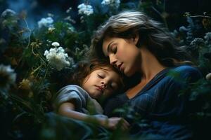 ai generiert Kind schläft auf seine Mütter Schulter im das Gras foto