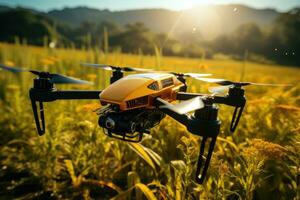 ai generiert Drohne Bild fliegend Über ein Reis Feld mit ein Sonnenblume im Hintergrund foto