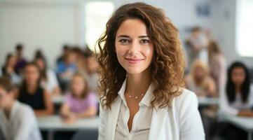 ai generiert medizinisch Schule weiblich Professor im ein Klassenzimmer lächelnd und lächelnd foto