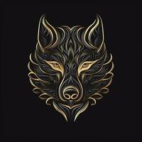 ai generiert skizzenhaft Logo mit ein Wolf Kopf im Gold auf ein schwarz Hintergrund. generativ ai foto