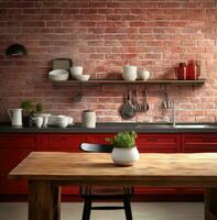 ai generiert von ein eintönig Küche mit rot Backstein Wände und ein hölzern Tabelle foto