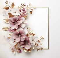 ai generiert Weiß Rahmen mit Blume umgeben durch Gold Blätter foto