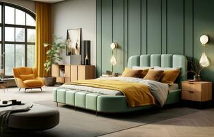 ai generiert Grün Meister Schlafzimmer Das sieht aus mögen ein zeitgenössisch Hotel Innere foto