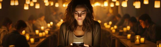 ai generiert einer Frau Aufpassen ihr Handy, Mobiltelefon mit ein Paar von Licht Glühbirnen foto