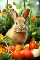 ai generiert ein wunderlich Foto von ein Hase mampfend auf ein Karotte, mit Ostern Eier und Frühling Blumen