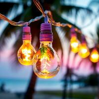 ai generiert Licht Birne Girlande hängend zwischen zwei Palme Bäume auf ein Strand foto