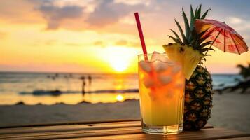 ai generiert erfrischend tropisch trinken mit ein Ananas Keil und Regenschirm foto