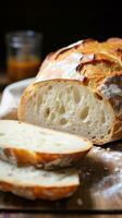 ai generiert das Kruste von frisch gebacken Brot ist golden und knusprig, während das Innerhalb ist Sanft und flauschige foto