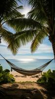 ai generiert Paar faulenzen auf ein Hängematte gebunden zwischen zwei Palme Bäume auf sandig Strand mit das Ozean im Hintergrund foto