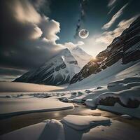 ai generiert Fantastisch Winter Landschaft mit schneebedeckt Berge und voll Mond. generativ ai foto