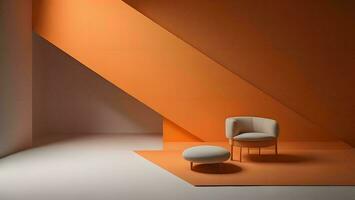 ai generiert ein modern Innere mit ein Stuhl und ein Orange Mauer. generativ ai foto