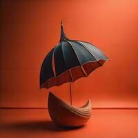 ai generiert ein hölzern Boot mit ein schwarz Regenschirm auf ein rot Hintergrund. generativ ai foto