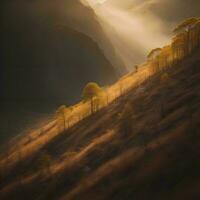 ai generiert nebelig Herbst Landschaft im das Berge. generativ ai. foto