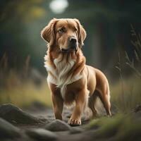 ai generiert Porträt von ein golden Retriever Stehen auf ein Felsen im das Wald. generativ ai foto