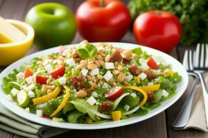 ai generiert frisch Salat mit Rucola, Tomaten, Käse und Kiefer Nüsse. generativ ai foto