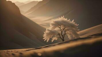 ai generiert schön Winter Landschaft mit ein einsam Baum im das Mitte von das Wüste. generativ ai foto