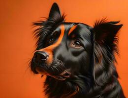 ai generiert Porträt von ein schön schwarz Hund mit Orange Augen auf ein Orange Hintergrund. generativ ai foto
