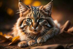 ai generiert sibirisch Katze auf das Hintergrund von Herbst Blätter im das Wald. generativ ai foto