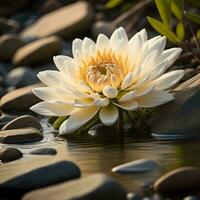 ai generiert schön Weiß Lotus Blume im das Wasser mit Kiesel. generativ ai foto