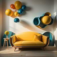 ai generiert Innere von modern Leben Zimmer mit Gelb Sofa und bunt Luftballons. generativ ai foto