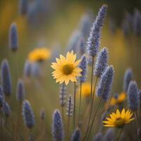 ai generiert Gelb Blume und Blau Gras im das Wiese beim Sonnenuntergang. getönt. generativ ai foto