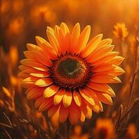ai generiert schön Sonnenblume im das Feld beim Sonnenuntergang. Natur Hintergrund. generativ ai foto