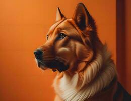 ai generiert Porträt von ein schön Hund von das schweizerisch Schäfer Rasse auf ein Orange Hintergrund. generativ ai foto