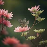 ai generiert Schmetterling auf Rosa Blumen im das Garten, Jahrgang Farbe Ton. generativ ai foto