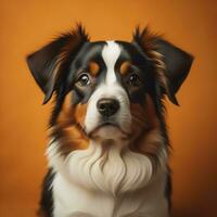 ai generiert Porträt von ein süß australisch Schäfer Hund auf Orange Hintergrund. generativ ai foto