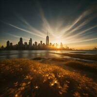 ai generiert Shanghai Horizont mit golden Sand beim Sonnenuntergang, generativ ai foto