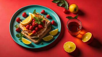 ai generiert Waffeln mit Erdbeeren und Zitrone auf ein rot Hintergrund, oben Sicht. generativ ai foto