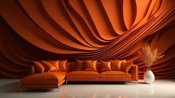 ai generiert Orange Sofa mit ein Vase und ein Vorhang auf das Mauer. generativ ai foto