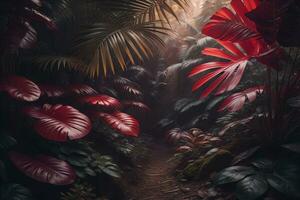 ai generiert ein Weg im tropisch Regenwald mit Palme Bäume und Pfad im das Nebel. ai generativ foto