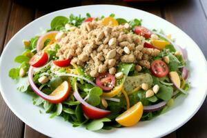 ai generiert Salat mit Andenhirse, Tomaten und Kiefer Nüsse auf hölzern Tisch. generativ ai foto