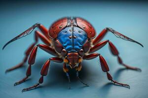 ai generiert Makro Schuss von ein rot Käfer auf ein Blau Hintergrund. generativ ai foto