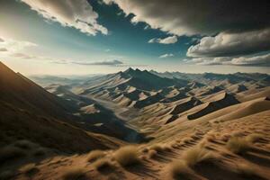 ai generiert Berg Landschaft mit Sand Dünen beim Sonnenuntergang. generativ ai foto