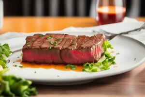 ai generiert Bild von Rindfleisch Steak auf das Tisch, sieht aus köstlich und verlockend. ai generiert foto