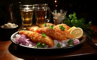 ai generiert ein Aussicht von Kochen köstlich Filets von tief gebraten Fisch mit Zwiebel Soße auf ein groß Teller foto
