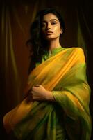 ai generiert ein indisch Frau drapiert im ein Gelb oder goldfarben Schal oder Schal, mit dunkel Haar. foto