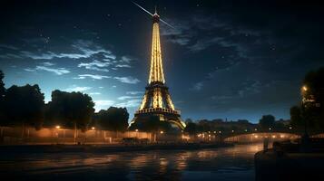 ai generiert Nacht Aussicht von das Eiffel Turm von das Champion de Mars foto