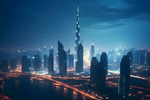 ai generiert Antenne Aussicht von Dubai Stadt Horizont beim Nacht, vereinigt arabisch Emirate foto