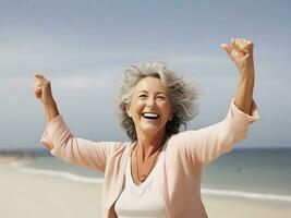ai generiert Lebensstil Porträt Bild von glücklich lächelnd reifen Senior Frau auf Strand oder Damen Tag, genießen das sonnig Wetter foto
