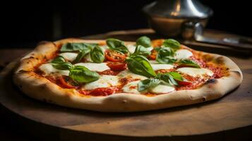 ai generiert frisch saftig Pizza mit Mozzarella Käse, Tomaten, und Basilikum Kräuter auf ein schwarz Hintergrund foto