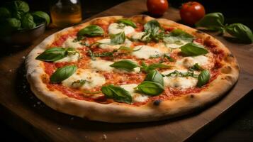 ai generiert frisch saftig Pizza mit Mozzarella Käse, Tomaten, und Basilikum Kräuter auf ein schwarz Hintergrund foto